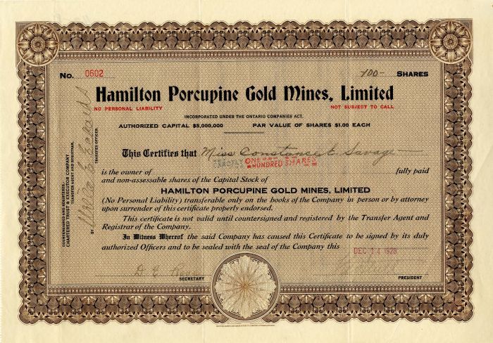 Stock Printed By British American Banknote Co Limited Ottawa Canada In 2020 Gold Mining Porcupine Stock Certificates